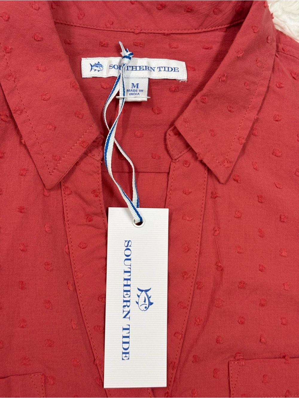 Southern Tide Coral Rust Dot-Texture Shirt Dress with Tie Waist - Picture 7 of 11